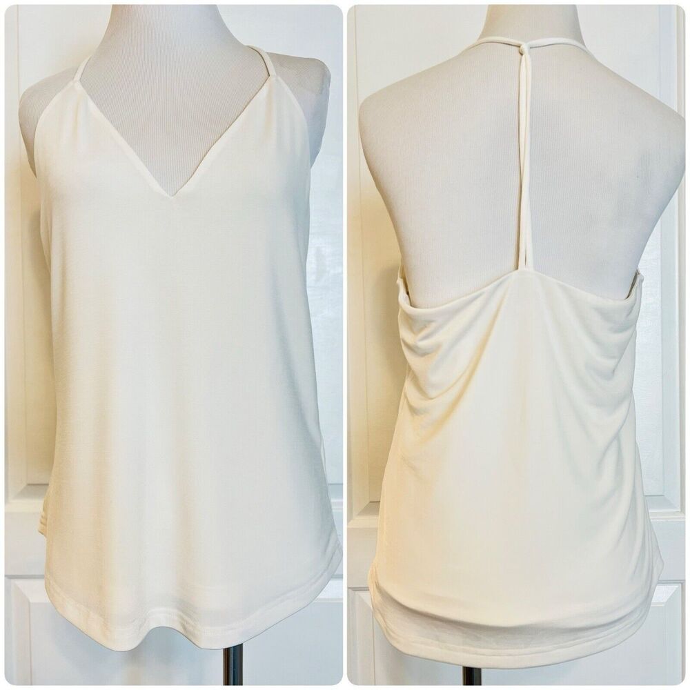 Ivory Slinky Stretch Sleeveless T Back Strappy V-Neck Cami Tank Top NEW Summer L
